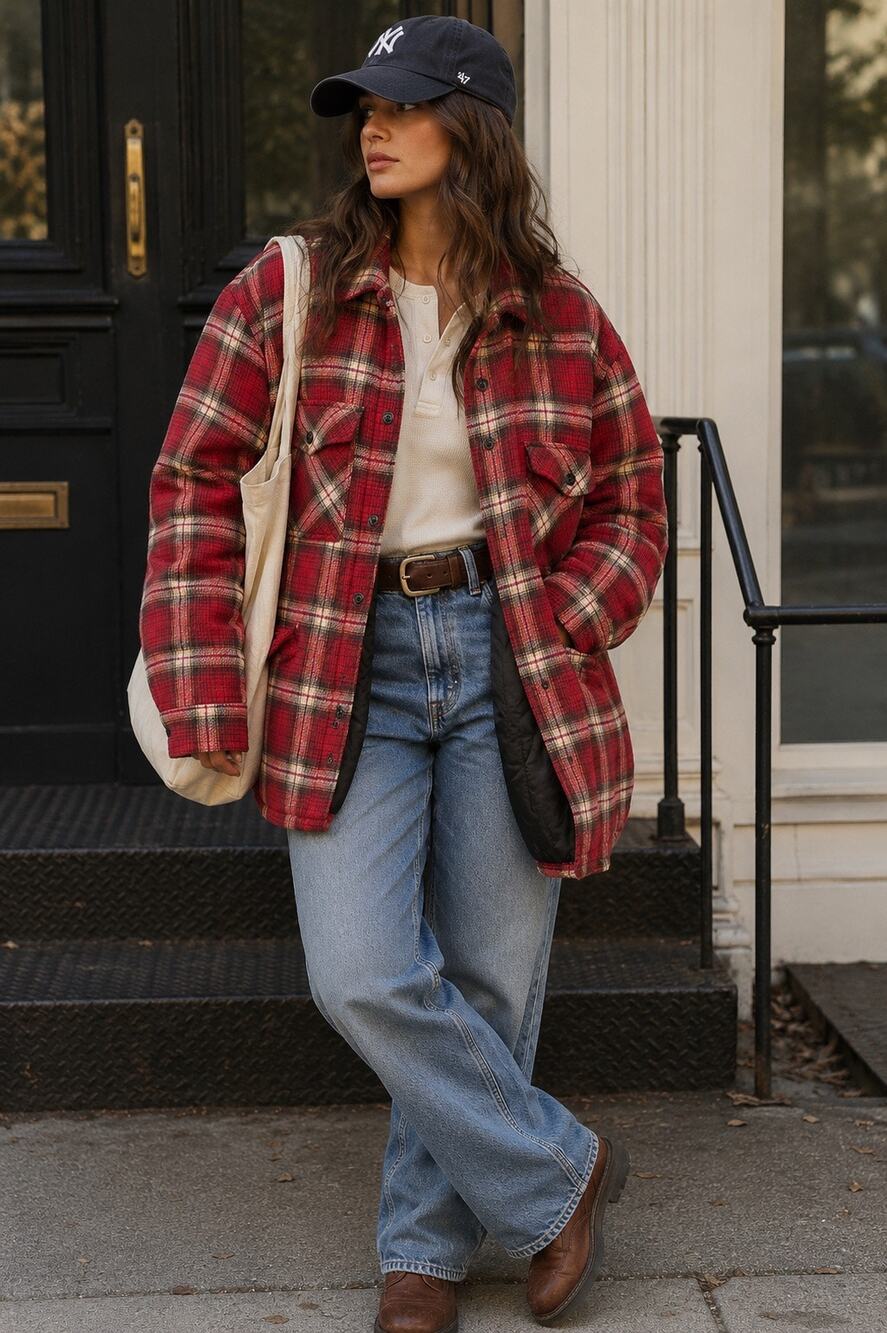 Vintage J. Crew Oversized Insulated Plaid Puffer Jacket Quilted Shacket Red XL